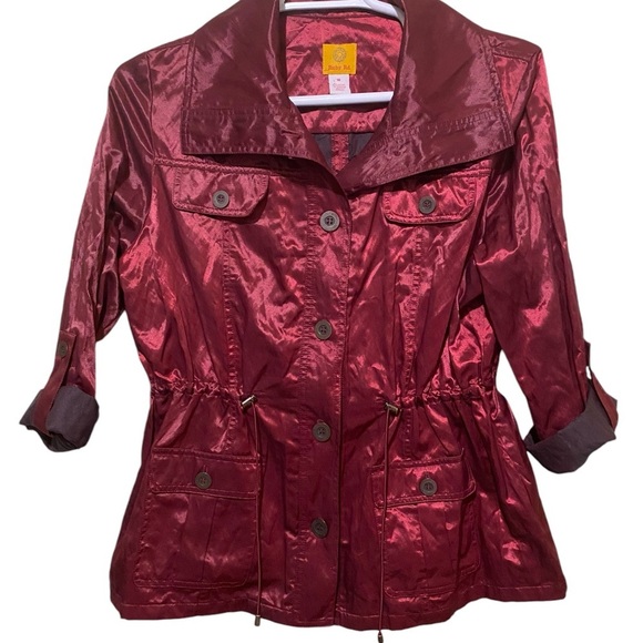 Metallic Red Utility Cargo Raincoat Button Front Drawstring Ruby Rd Size 18 - Picture 7 of 15